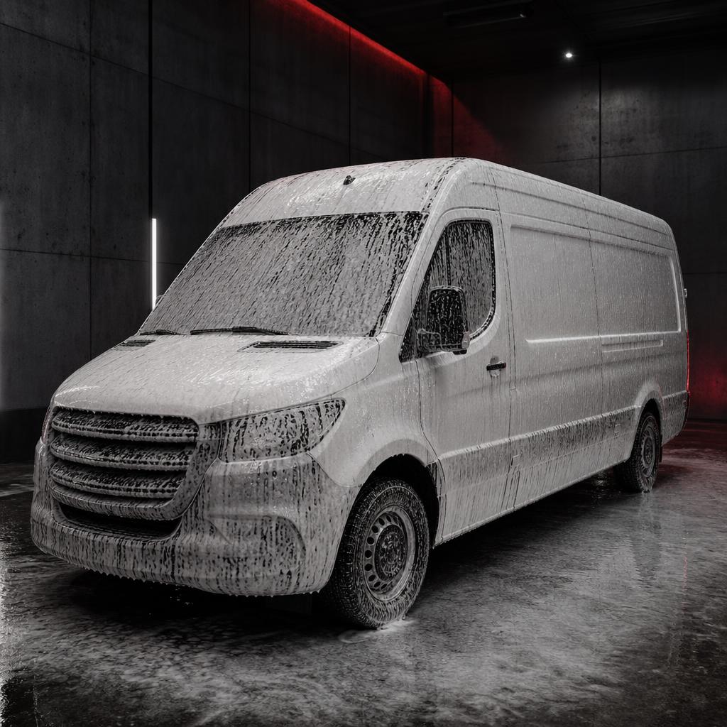 Commercial fleet van covered in wash foam during detailing